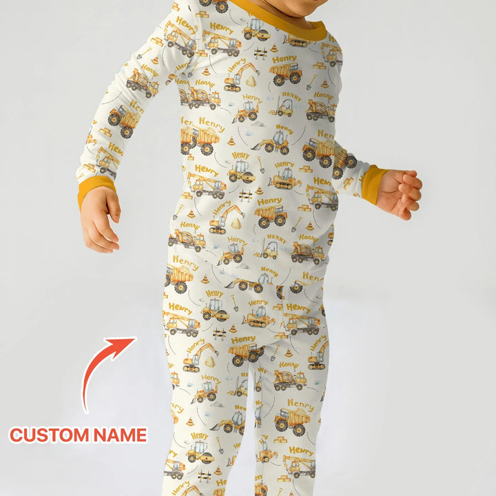 Constructions Machines Custom Name Bamboo Two Piece Long Sleeve Pajama Set