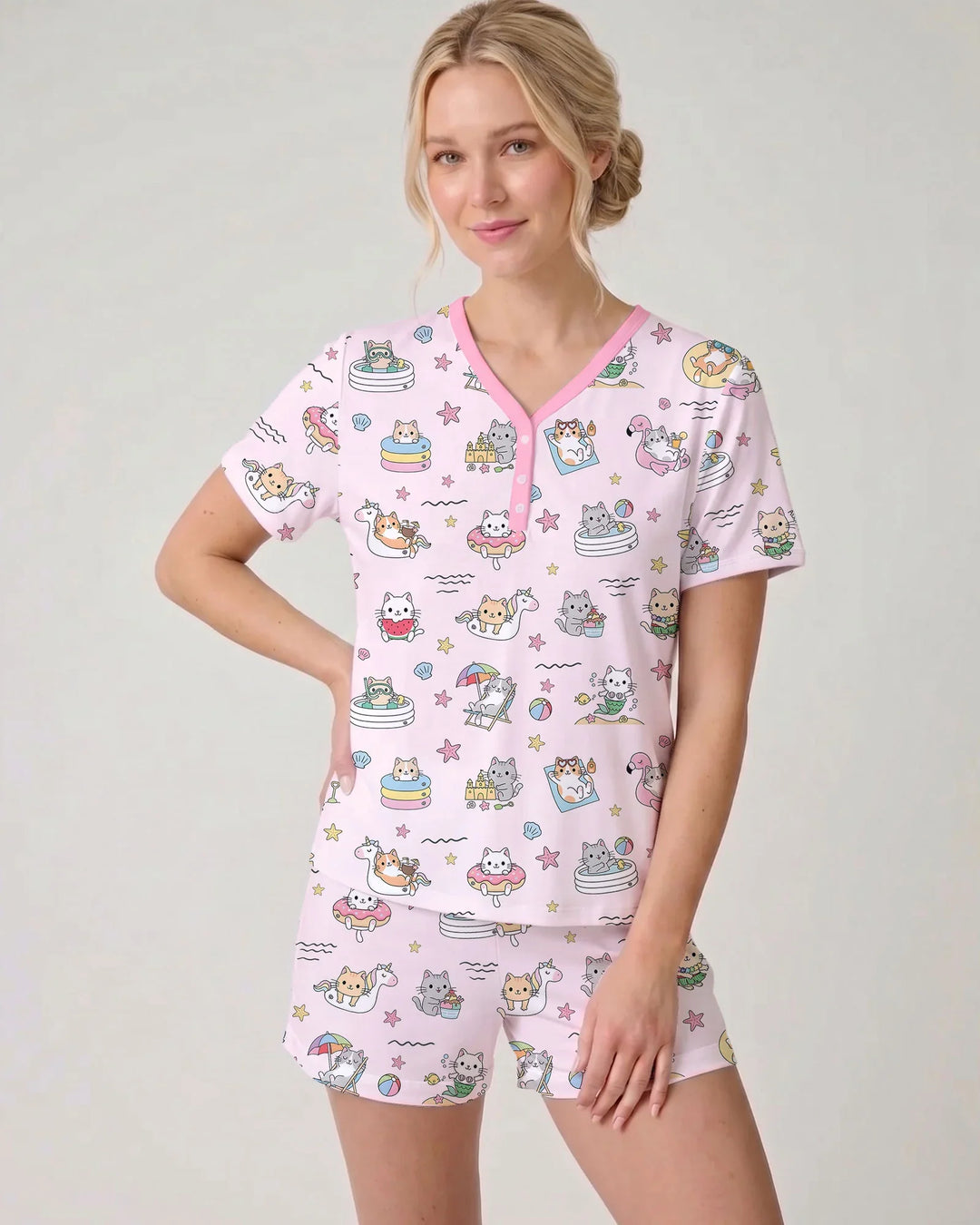 Kawaii Cats Summer Vacation Bamboo Women Short Sleeve Short Pajama Set