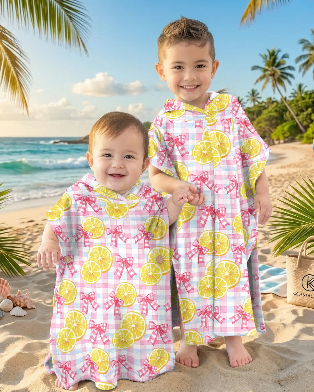 Rosa Zitronen Schleifen Karierter Bambus-Badeponcho
