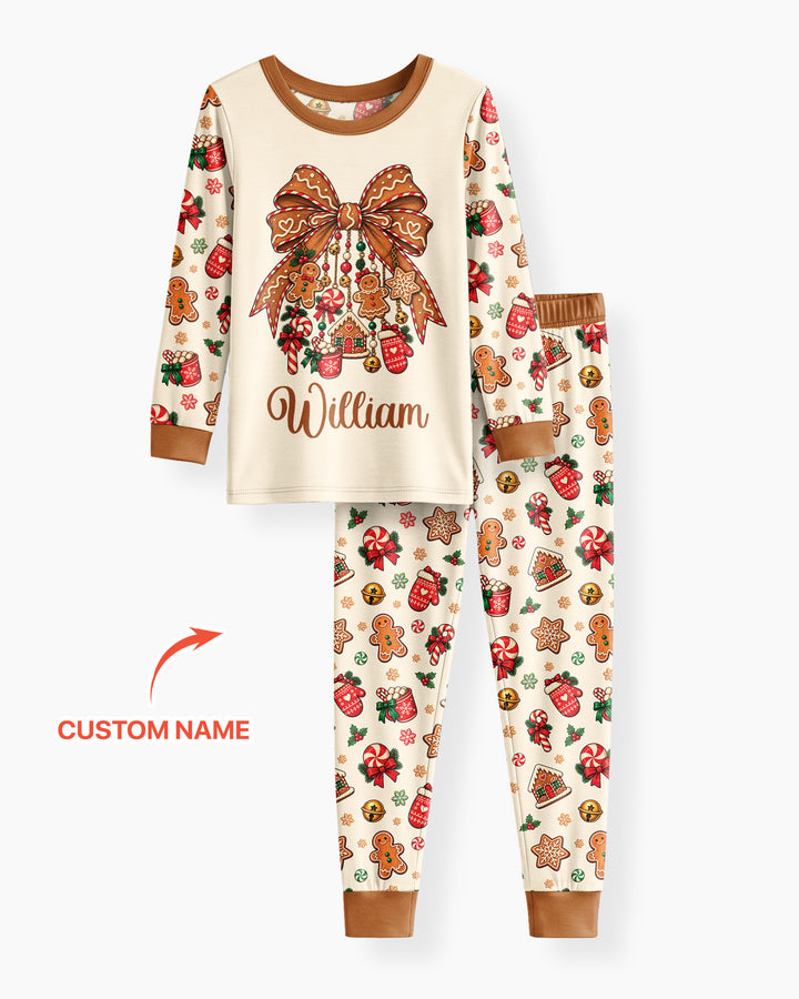 Custom Name Gingerbread The Bow Bamboo Two Piece Long Sleeve Pajama Set