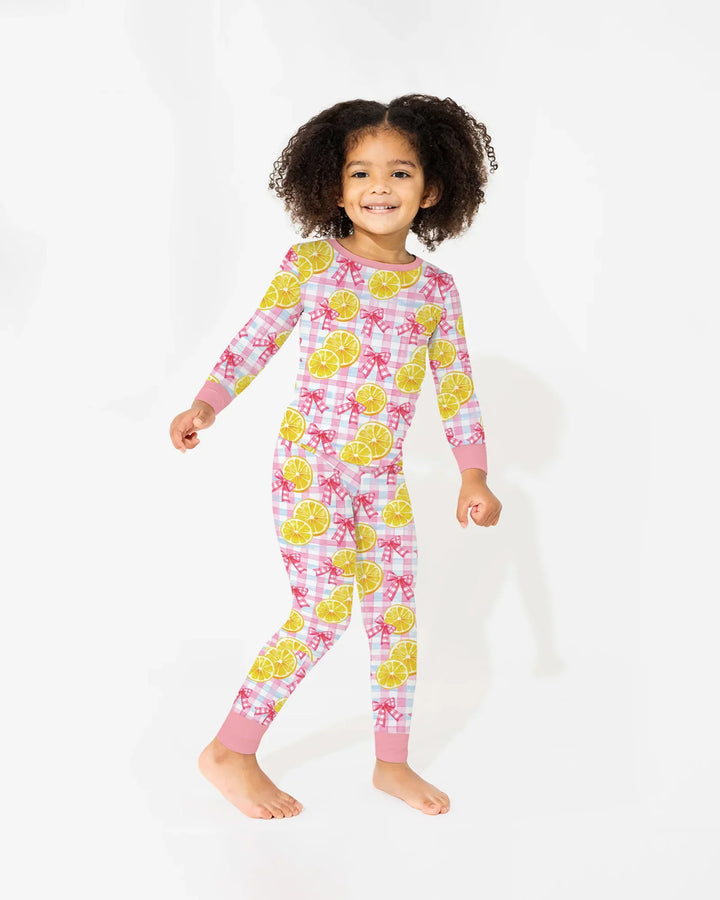 Pink Lemons Bows Checkered Bamboo Two Piece Long Sleeve Pajama Set