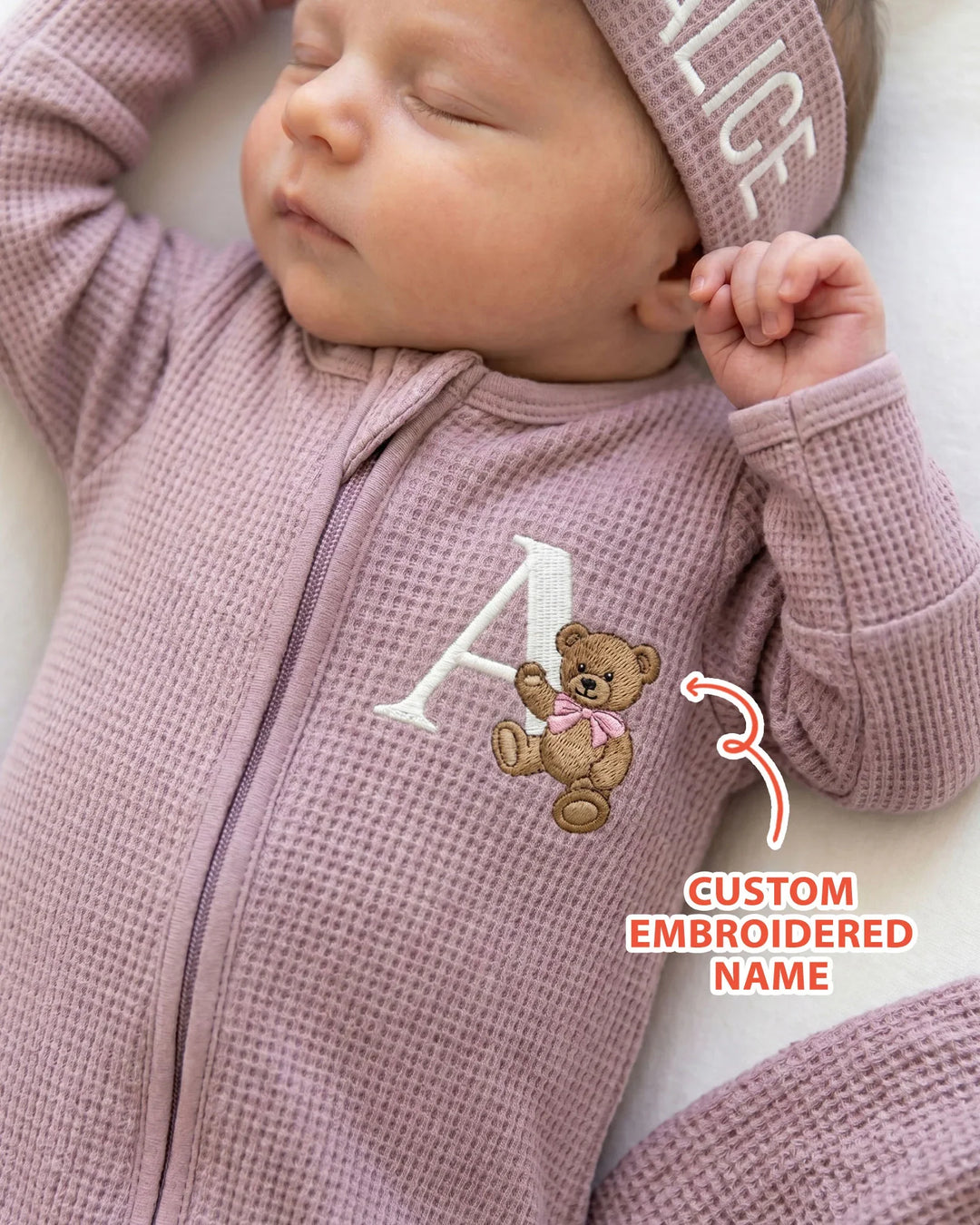 Personalized Cute Bear Embroidered Waffle Bamboo Zipper Footie