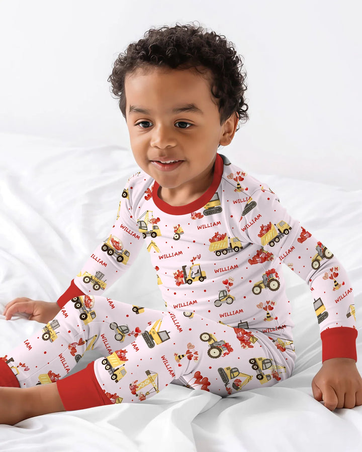 Custom Name Valentine Trucks Family Matching Bamboo Two Piece Long Sleeve Pajama Set