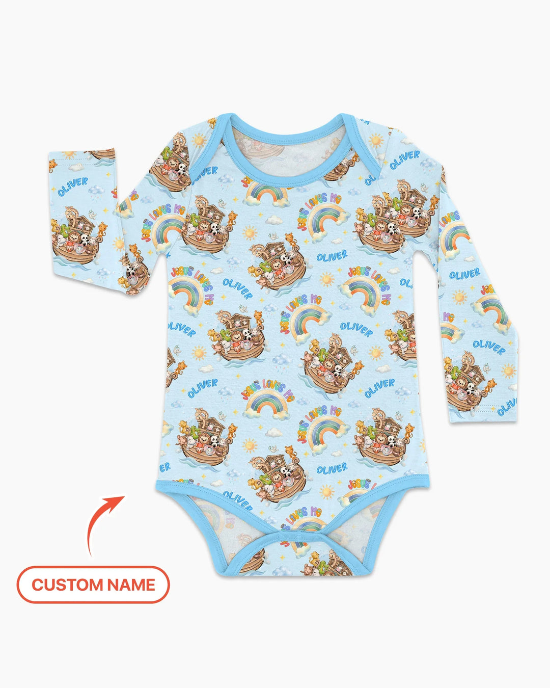 Custom Name Jesus Loves Me Noah's Ark Bamboo Bodysuit