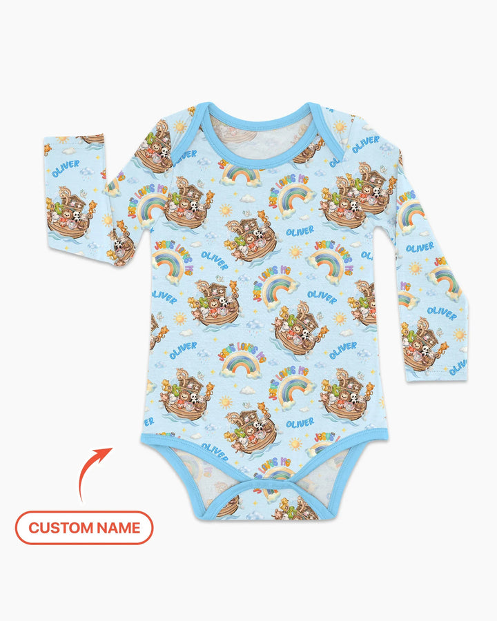 Custom Name Jesus Loves Me Noah's Ark Bamboo Bodysuit