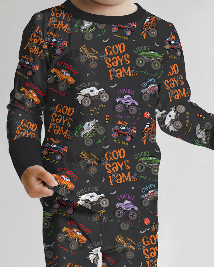 God Says I Am BOY Halloween Monster Truck  Bamboo Two Piece Long Sleeve Pajama Set