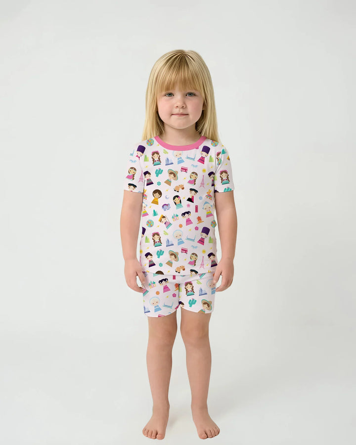 Tiny Friends Around the World Bamboo Two Piece Short Sleeve Shorts Pajama Set