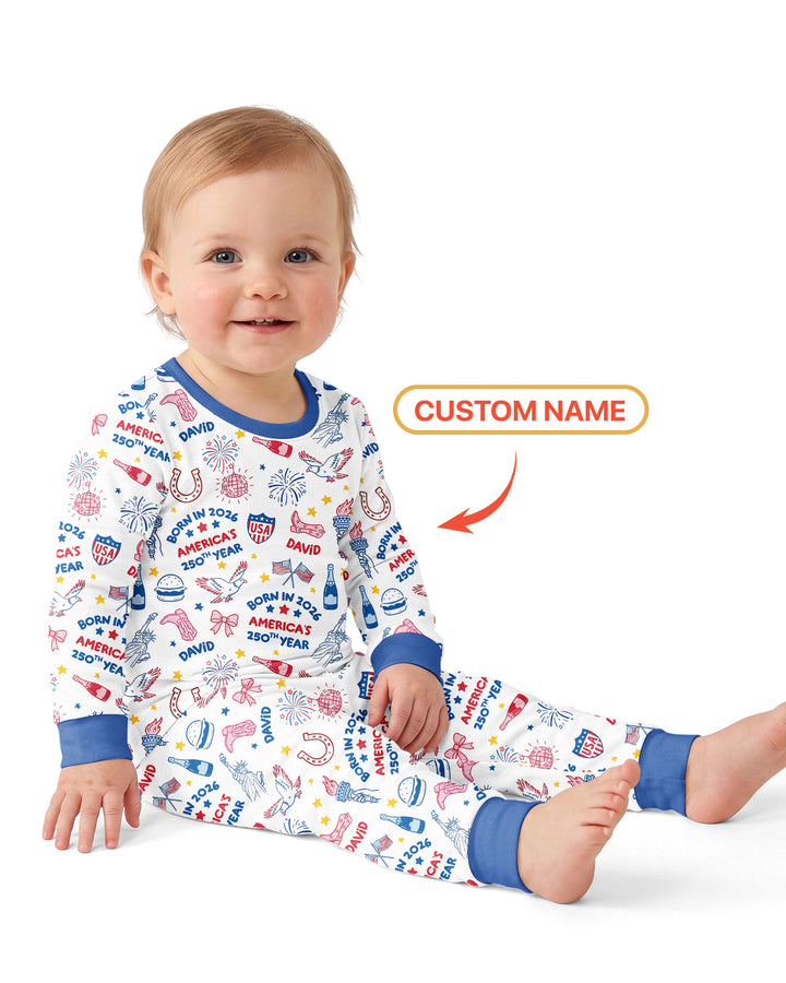 Born in 2026 America’s 250th Year Custom Name Bamboo Two Piece Long Sleeve Pajama Set
