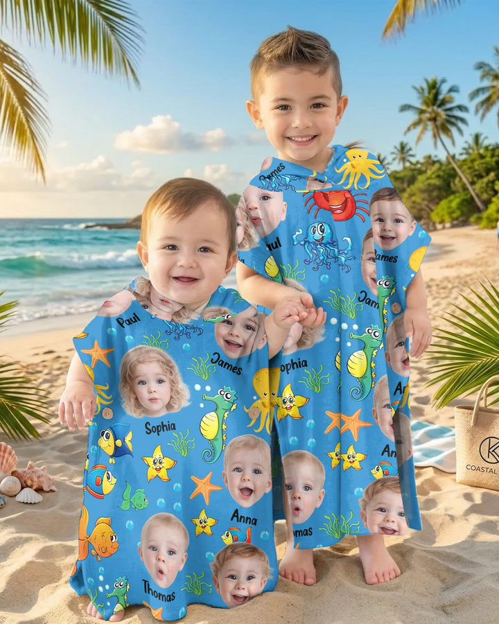 Individuelles Foto Süßes Kindergesicht Aquarell Meerestiere Sommerlicher Bambus-Badeponcho
