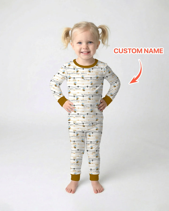 Bee Strong And Courageous Custom Name Bamboo Two Piece Long Sleeve Pajama Set