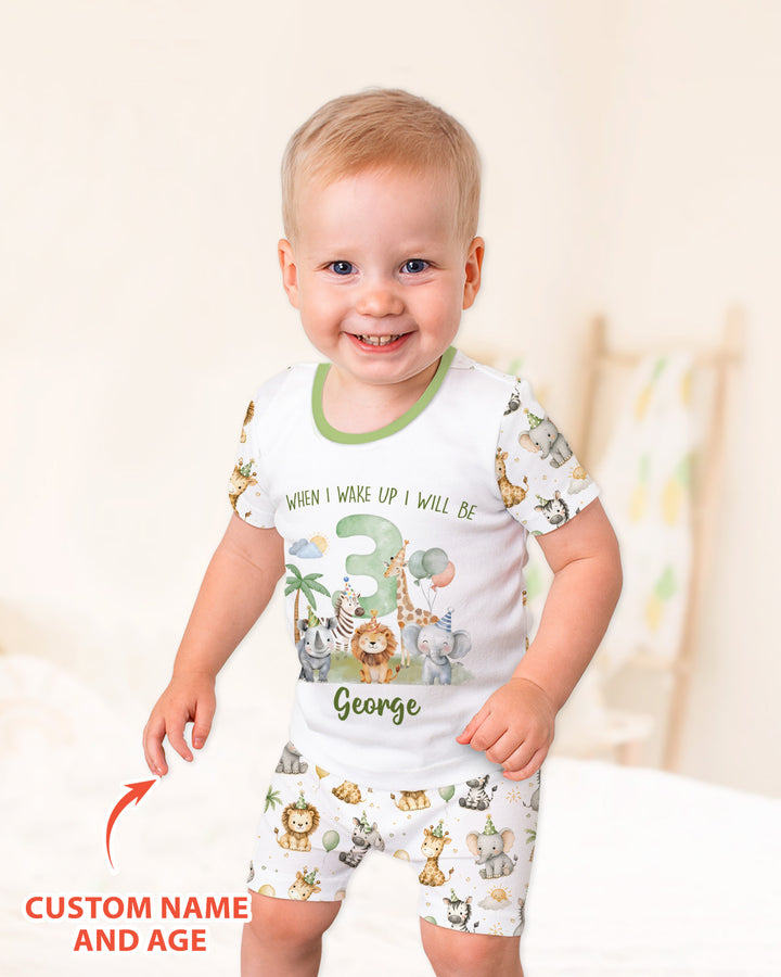 Custom Name Safari Animals When I Wake Up I Will Be Birthday Bamboo Two Piece Short Sleeve Shorts Pajama Set