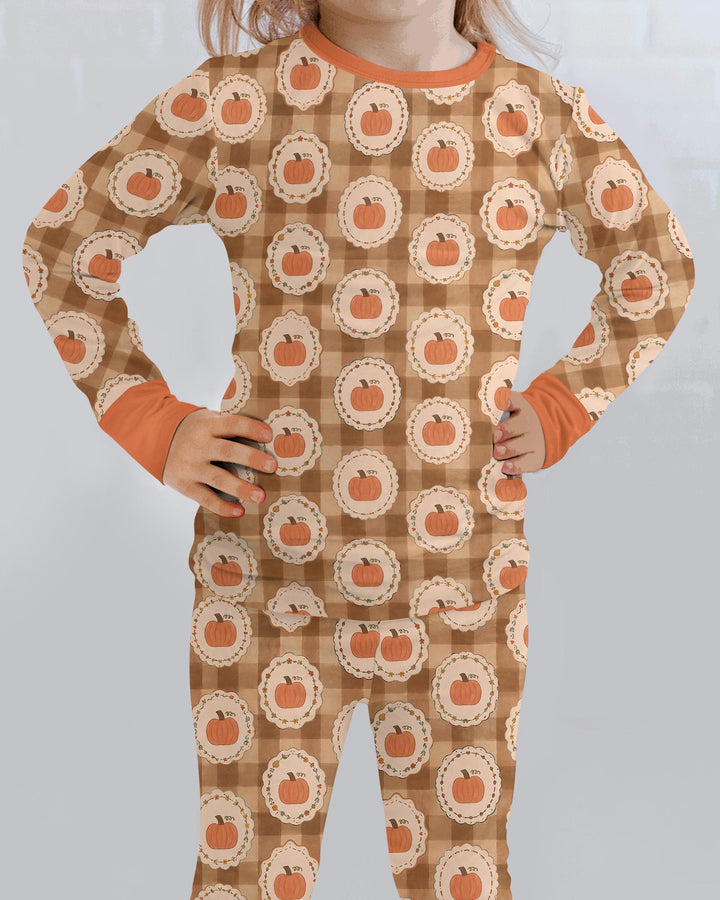 Folksy Framed Gingham Pumpkin Bamboo Two Piece Long Sleeve Pajama Set
