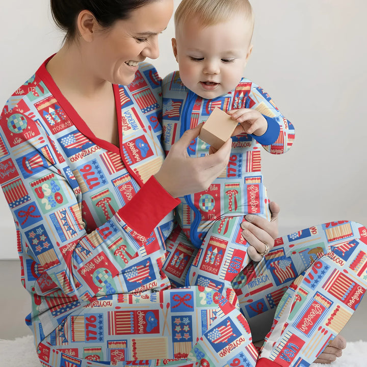 Patriotisches Streichholzschachtel-Pyjama-Set aus Bambus für Damen im Partnerlook