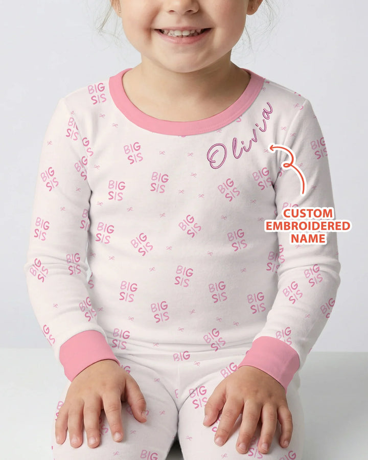 Custom Embroidered Name Big Sis Bamboo Two Piece Long Sleeve Pajama Set