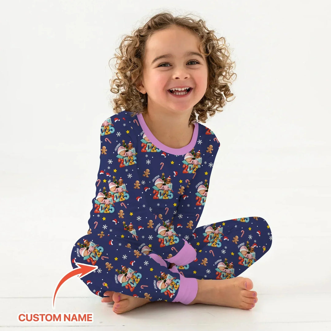 Custom Name Baby Girl's First Christmas Bamboo Two Piece Long Sleeve Pajama Set