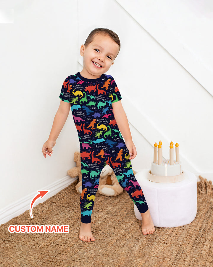 Be Strong and Courageous Dinosaur Christian Bamboo Two Piece Short Sleeve Pajama Set