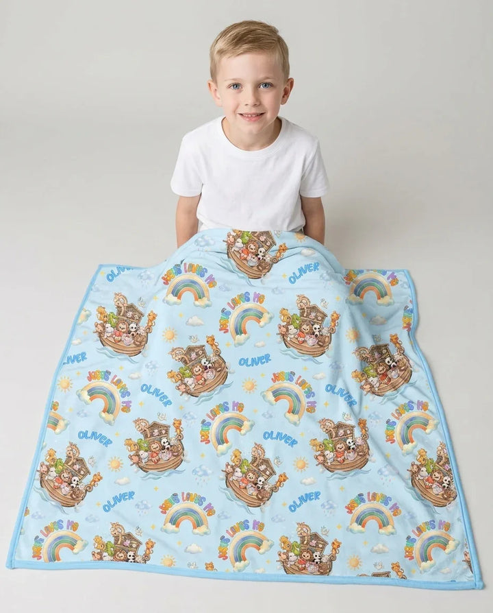 Custom Name Jesus Loves Me Noah's Ark Bamboo Blanket