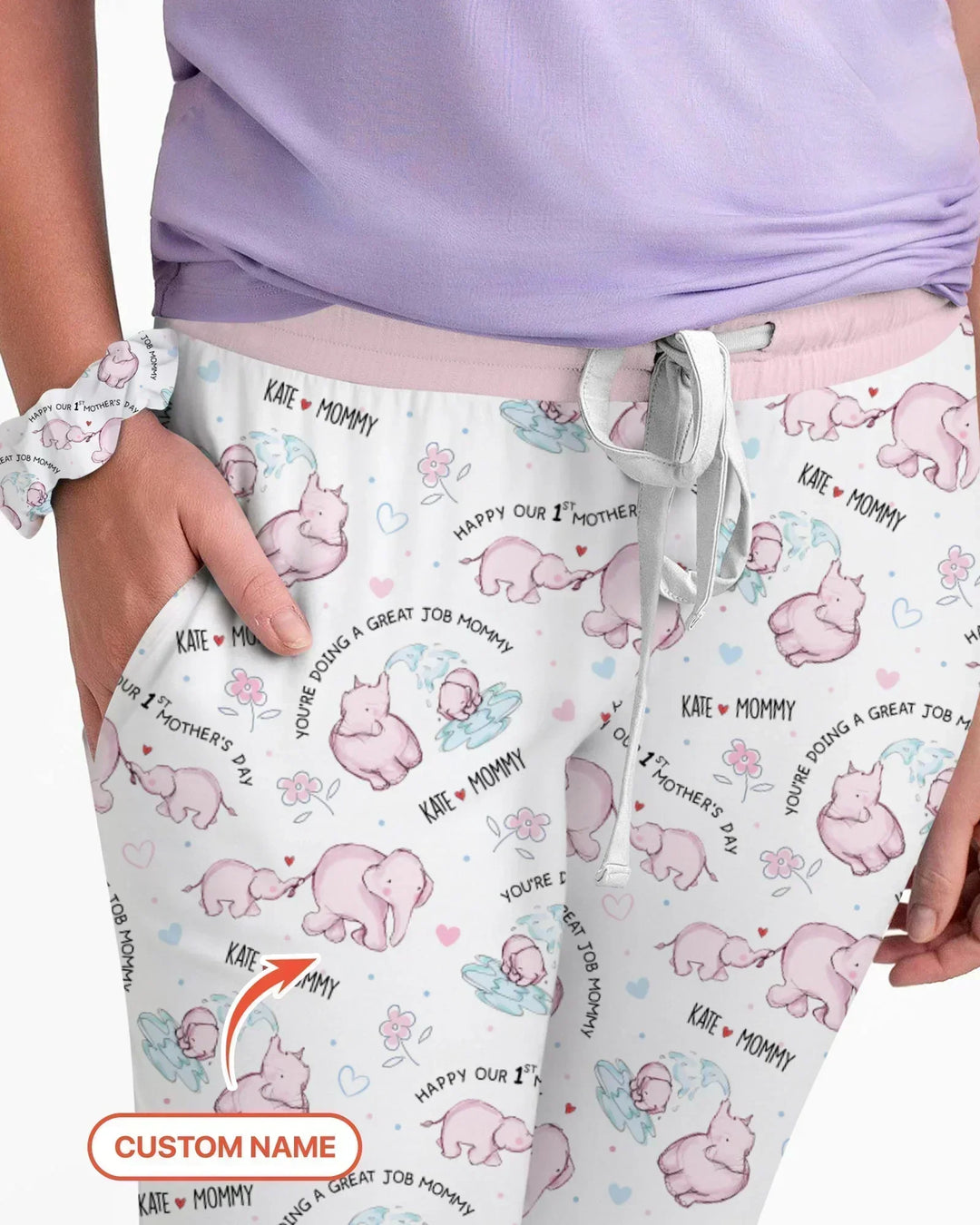 Pyjama-Set für Damen mit Namen, Mutter- und Baby-Elefant aus Bambus