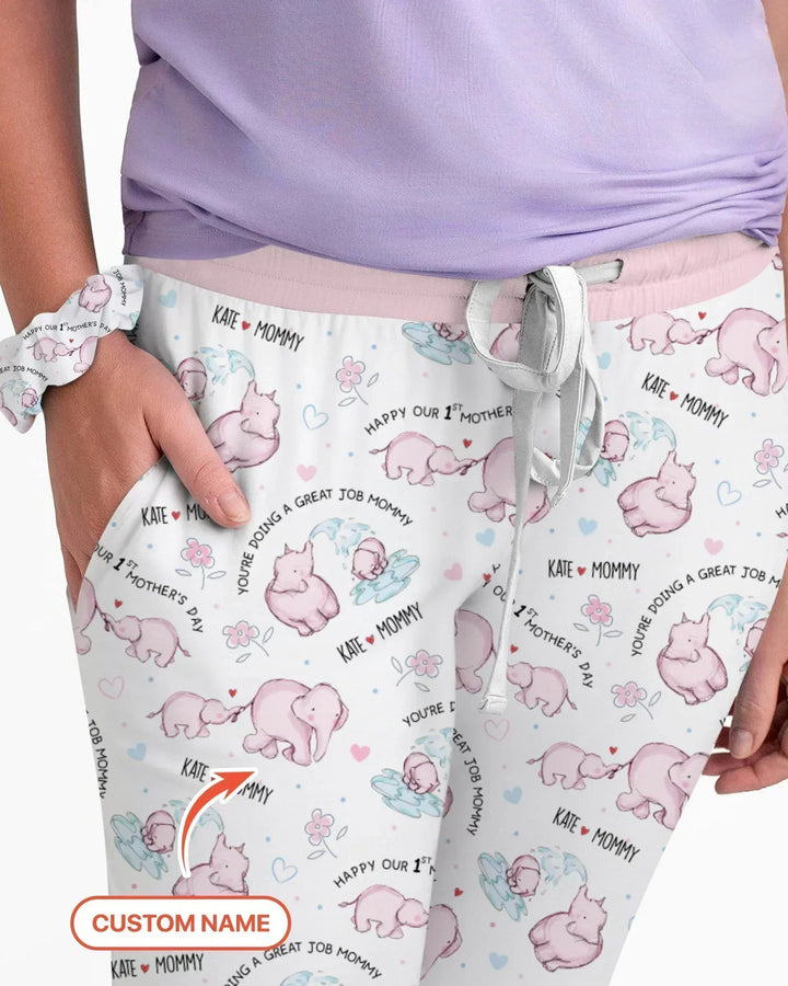 Pyjama-Set für Damen mit Namen, Mutter- und Baby-Elefant aus Bambus