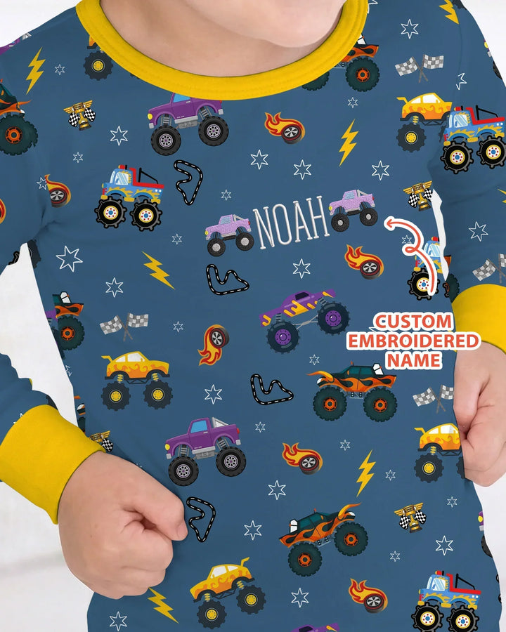 Custom Name Embroidered Crazy Truck Bamboo Two Piece Long Sleeve Pajama Set