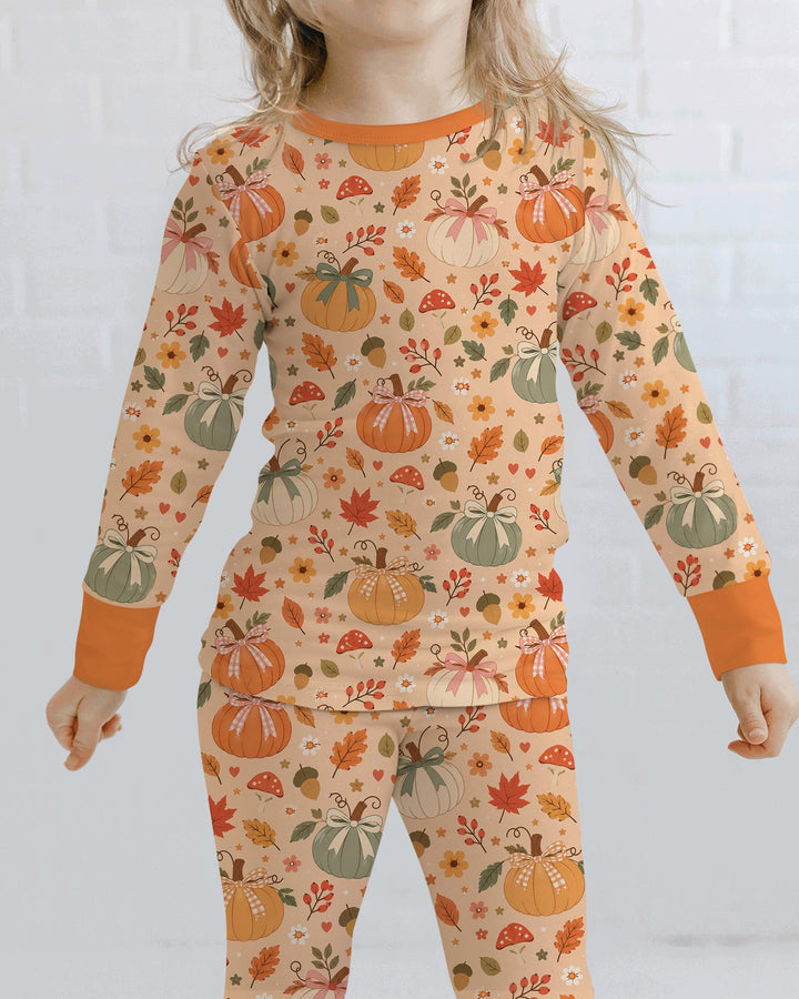 Pastel Pumpkin Bow Fall Bamboo Two Piece Long Sleeve Pajama Set