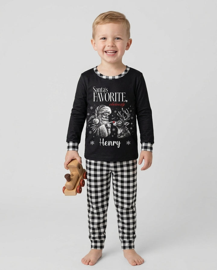 Custom Name Santa's Favorite Buffalo Plaid Bamboo Two Piece Long Sleeve Pajama Set