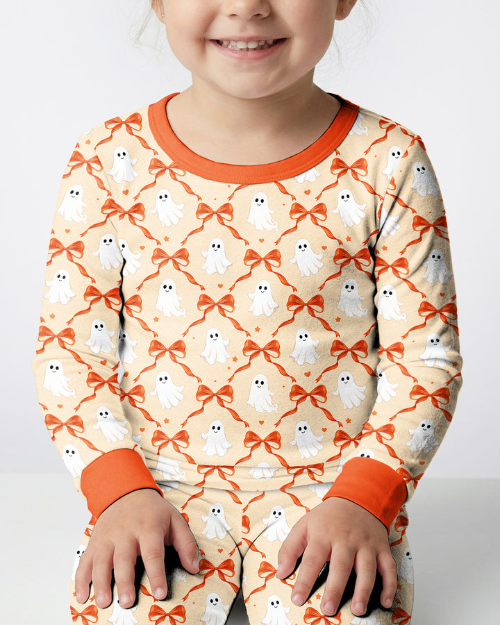 Cute Ghost Boo Coquette Halloween Bamboo Two Piece Long Sleeve Pajama Set