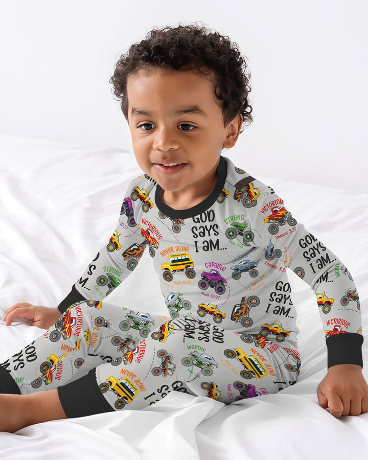 God Says I Am Monster Truck Bamboo Two Piece Long Sleeve Pajama Set