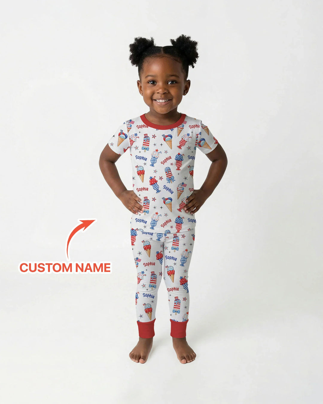 Custom Name Red, White & Ice Cream Bamboo Two Piece Short Sleeve Pajama Set