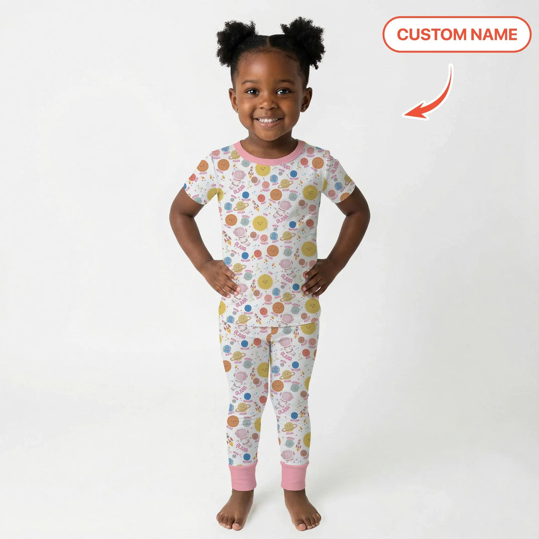Custom Name Little's Kid into Universer Bamboo Two Piece Short Sleeve Pajama Set