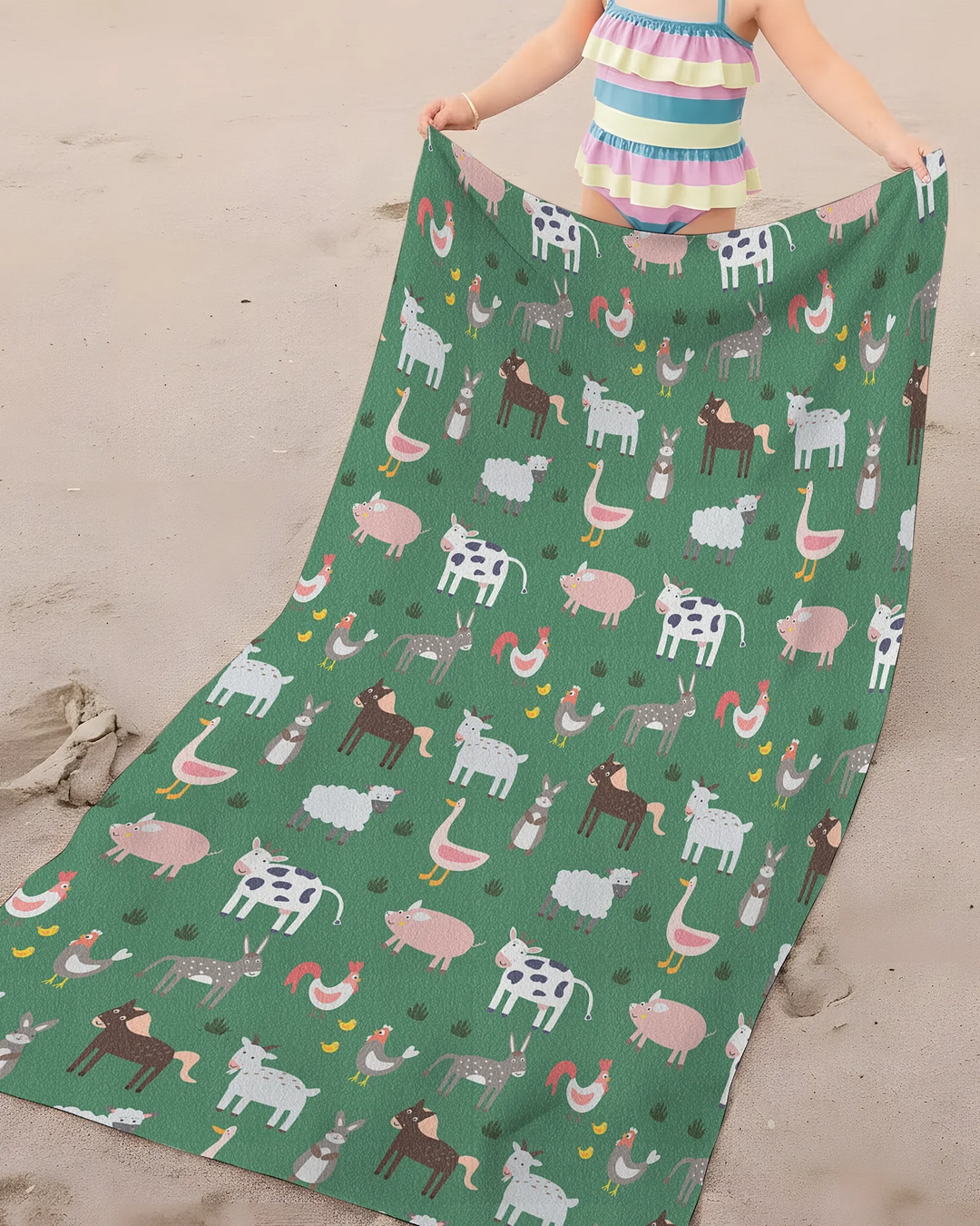 Green Farm Animals Bamboo Beach Towel