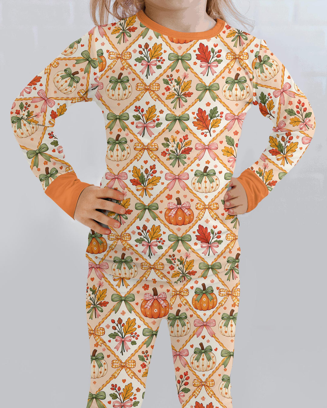 Retro Fall Pumpkin Bow Bamboo Two Piece Long Sleeve Pajama Set