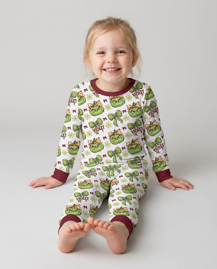 Custom Name Grumpy Green Christmas Bamboo Two Piece Long Sleeve Pajama Set