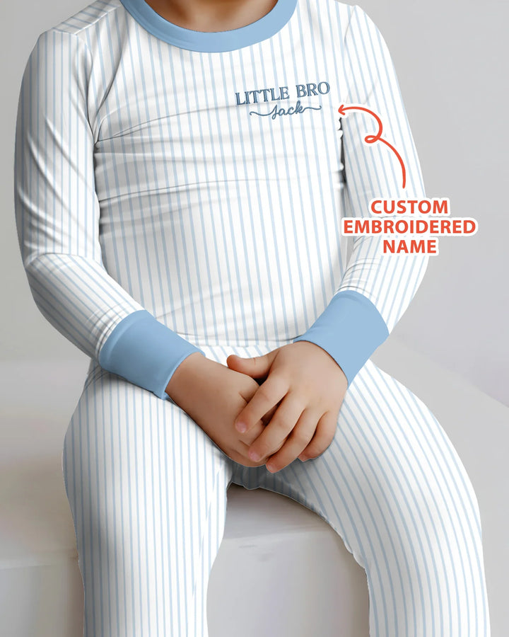 Custom Embroidered Name Little Bro Bamboo Two Piece Long Sleeve Pajama Set