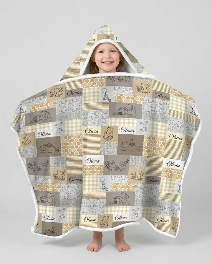 Personalized Classic Bear Patchwork  Bamboo Wearable Hooded Blanket