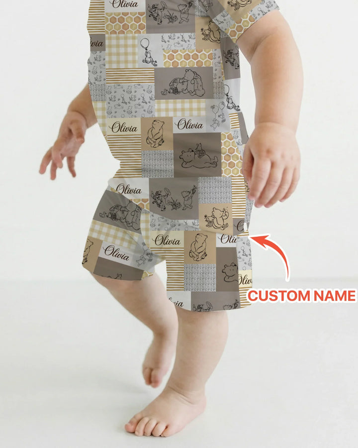 Personalized Classic Bear Patchwork  Bamboo Two Piece Short Sleeve Shorts Pajama Set