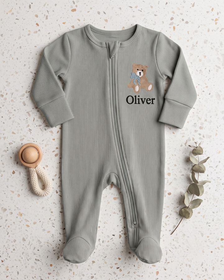 Teddy Bear Embroidered Name Ribbed Bamboo Zipper Footie