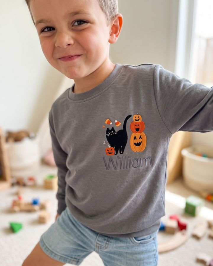 Custom Name Trick or Treat Pumpkin Stack Embroidered Bamboo Crewneck Sweatshirt