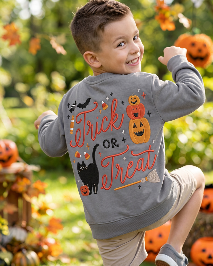 Custom Name Trick or Treat Pumpkin Stack Embroidered Bamboo Crewneck Sweatshirt