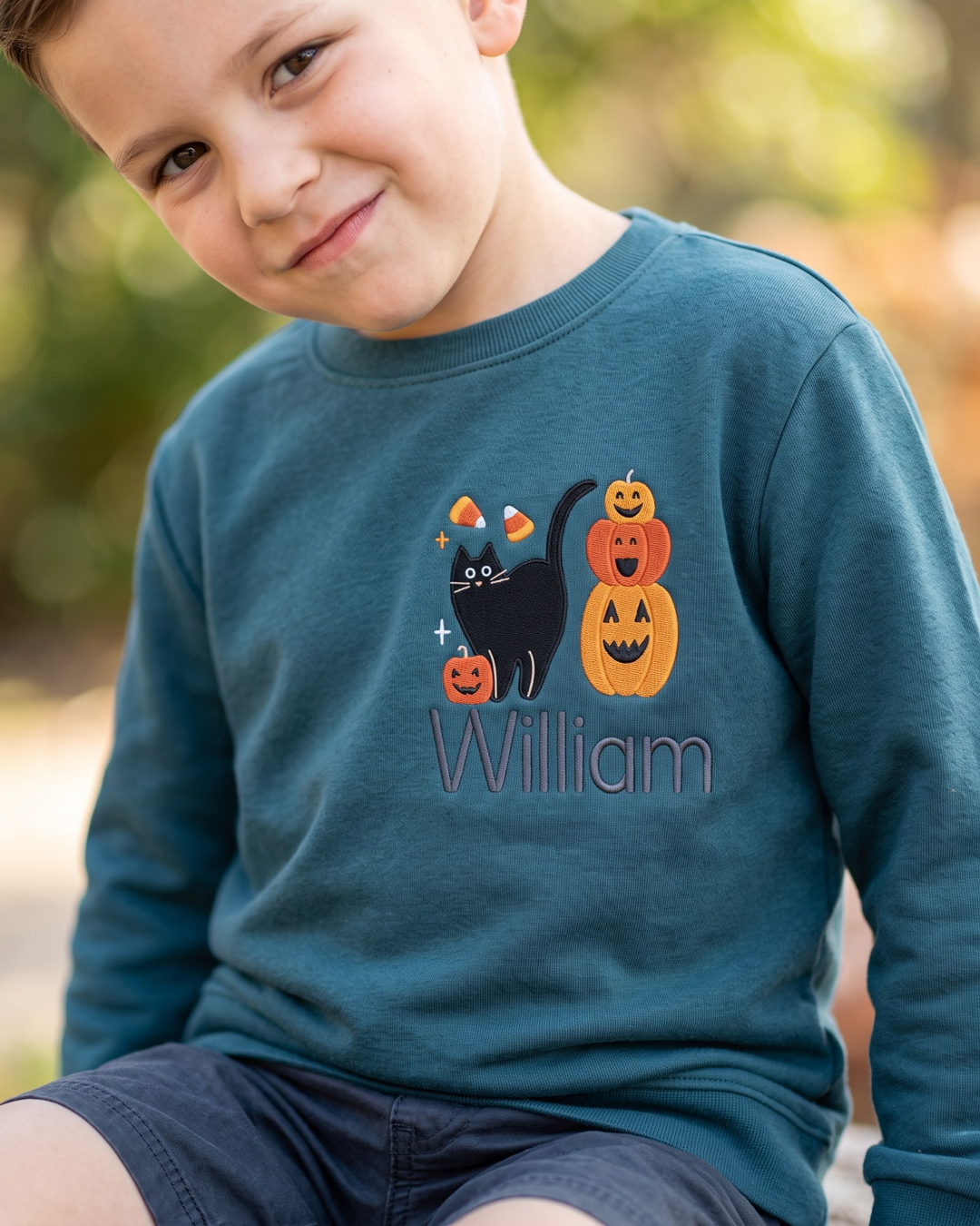 Custom Name Trick or Treat Pumpkin Stack Embroidered Bamboo Crewneck Sweatshirt