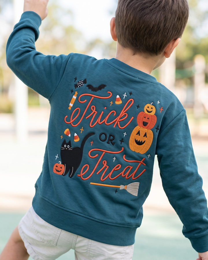 Custom Name Trick or Treat Pumpkin Stack Embroidered Bamboo Crewneck Sweatshirt