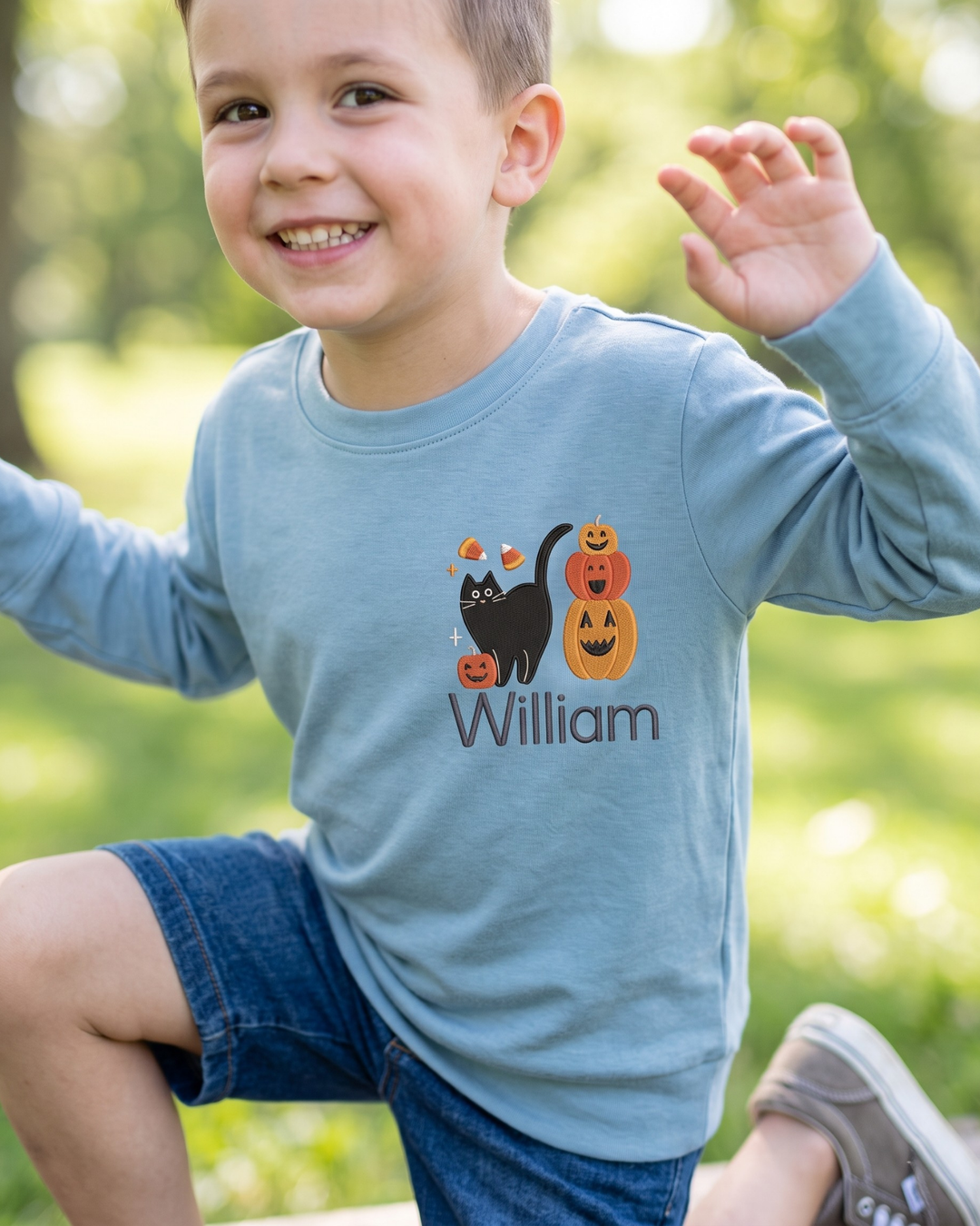 Custom Name Trick or Treat Pumpkin Stack Embroidered Bamboo Crewneck Sweatshirt