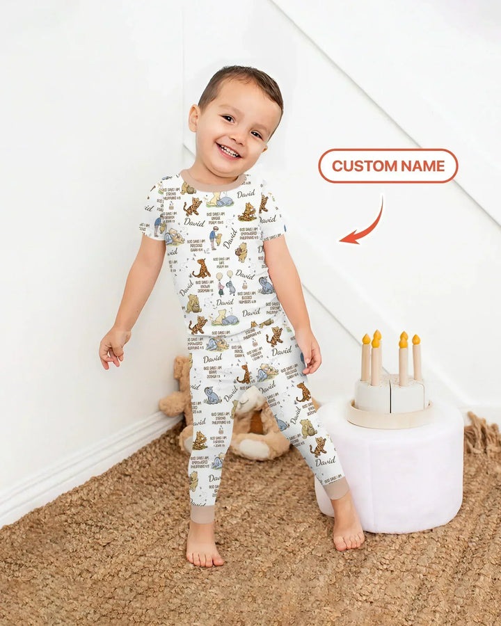 Custom Name God Says I Am Classic Bear Bamboo Two Piece Short Sleeve Pajama Set