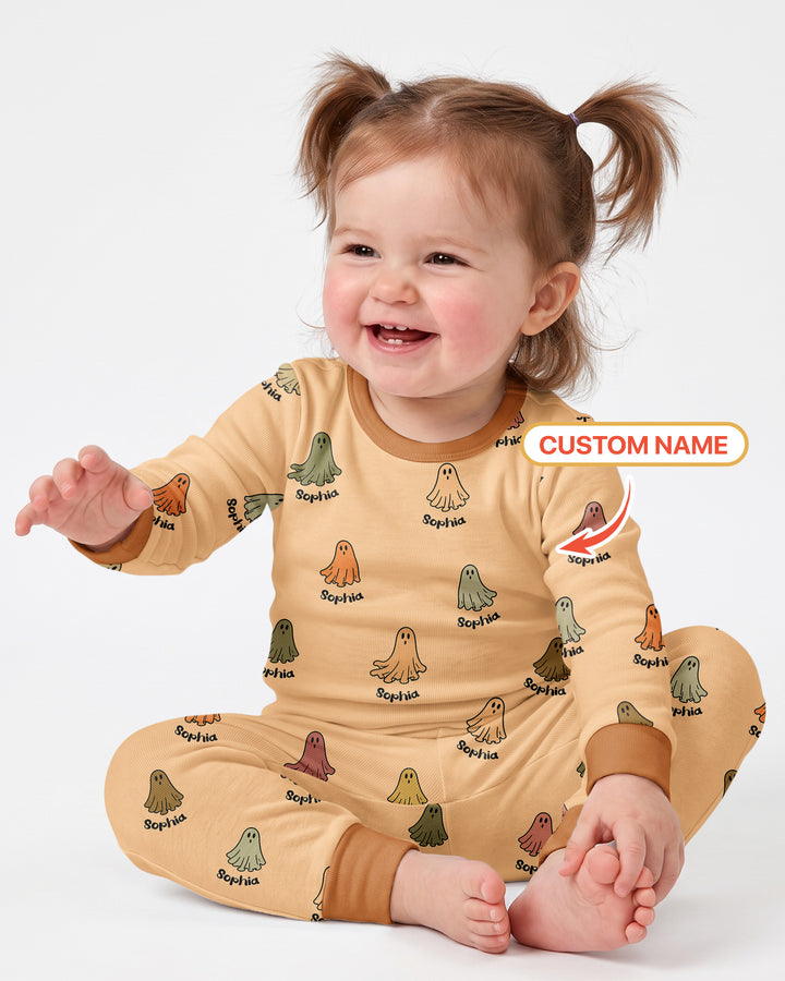 Cute Boo Ghost Vintage Halloween Bamboo Two Piece Long Sleeve Pajama Set