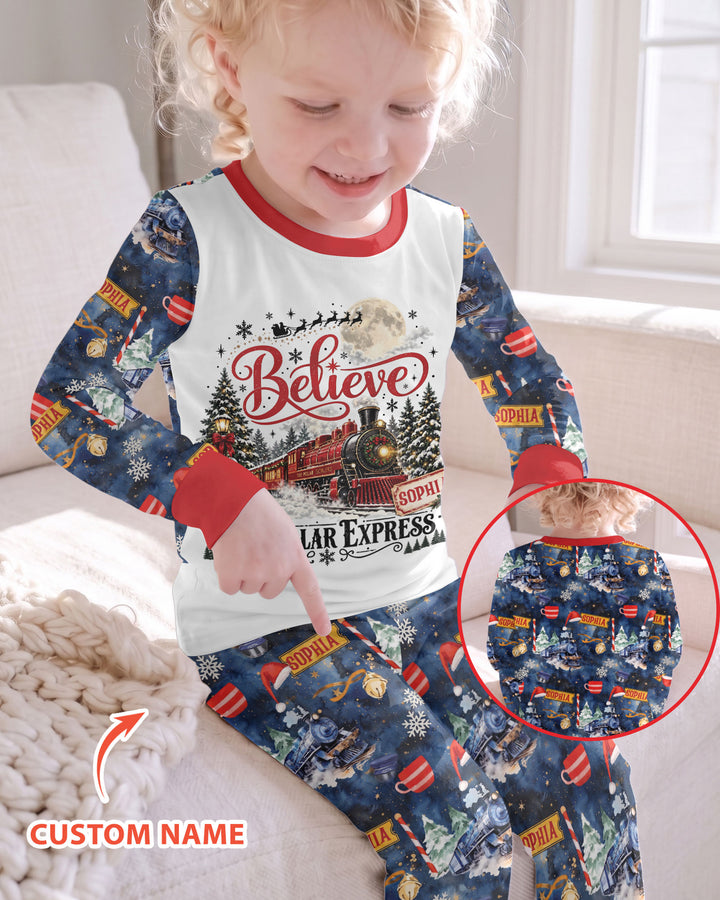 Believe North Pole Train Custom Name  Bamboo Two Piece Long Sleeve Pajama Set