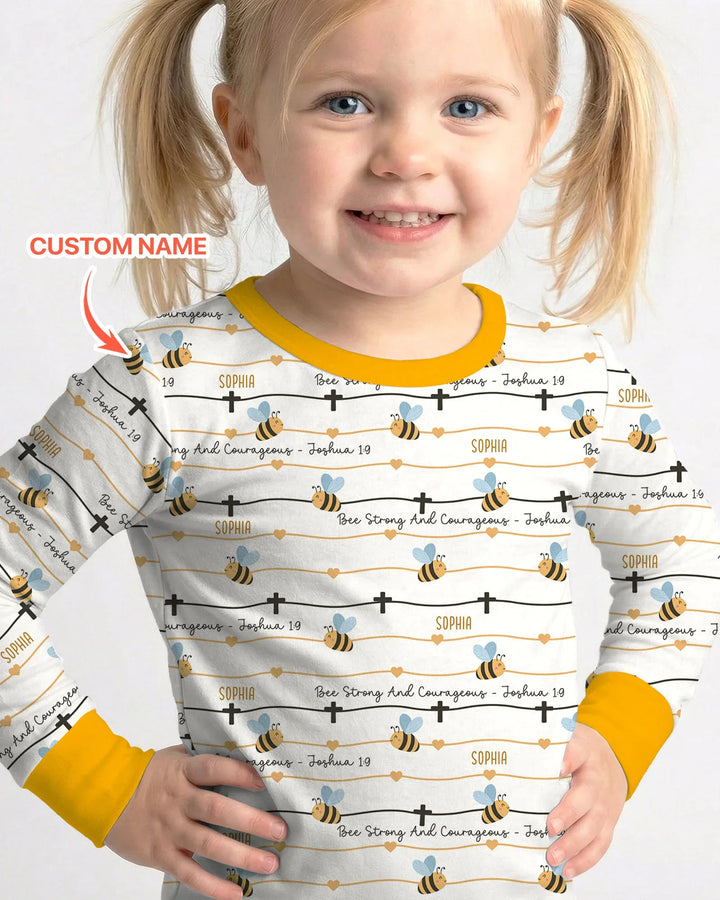 Bee Strong And Courageous Custom Name Bamboo Two Piece Long Sleeve Pajama Set