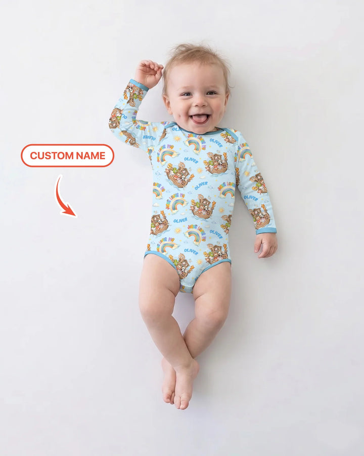 Custom Name Jesus Loves Me Noah's Ark Bamboo Bodysuit