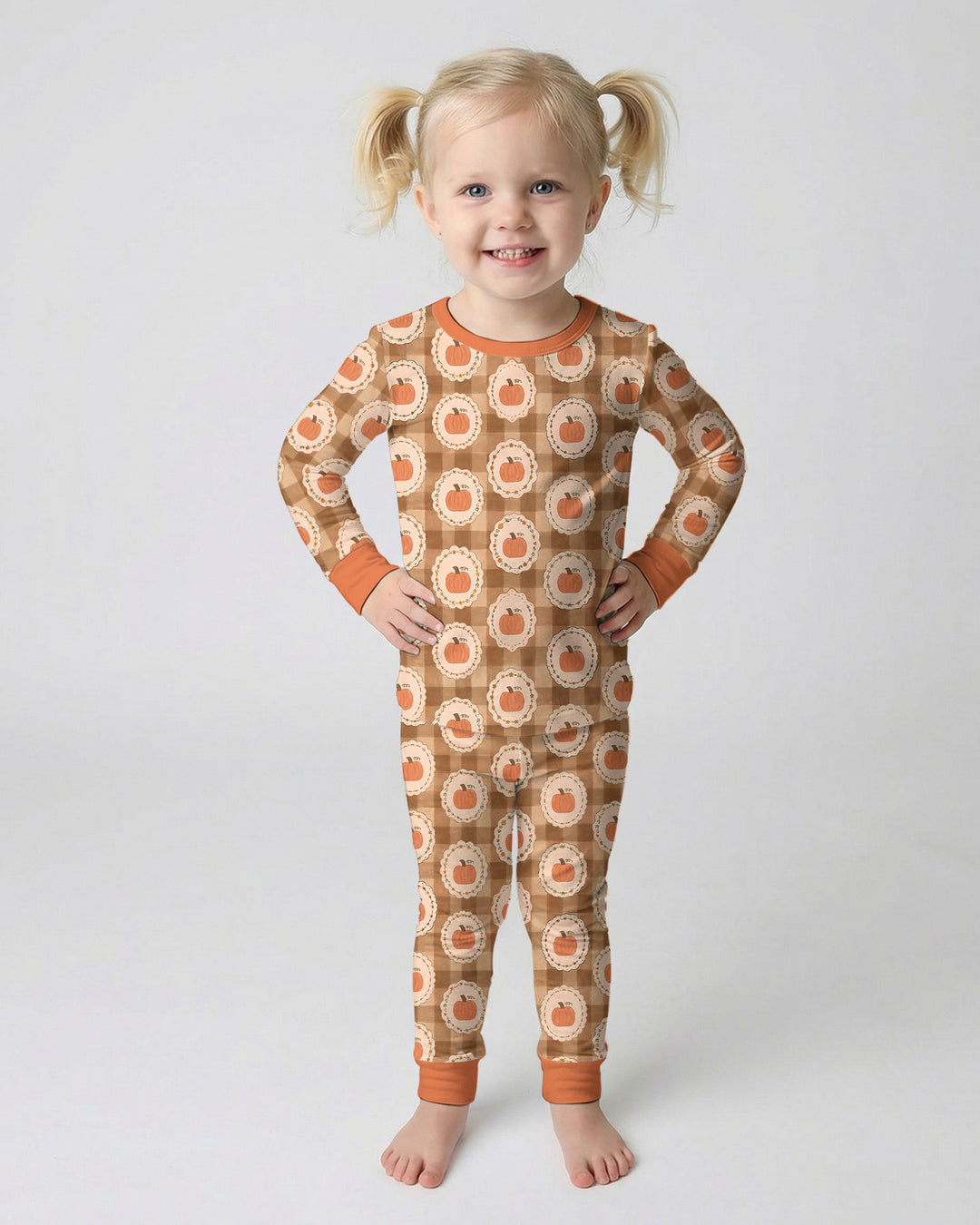Folksy Framed Gingham Pumpkin Bamboo Two Piece Long Sleeve Pajama Set