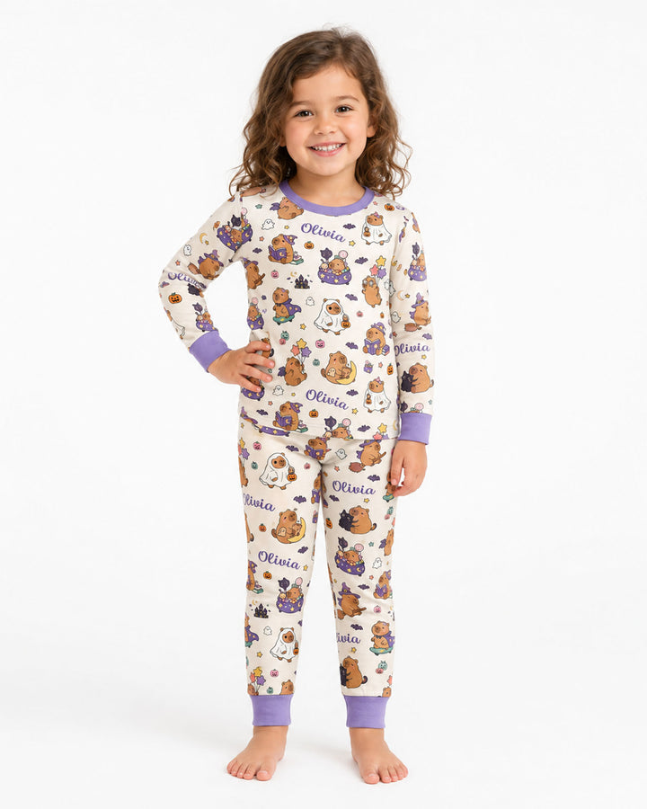 Custom Name Kawaii Halloween Capybara Bamboo Two Piece Long Sleeve Pajama Set