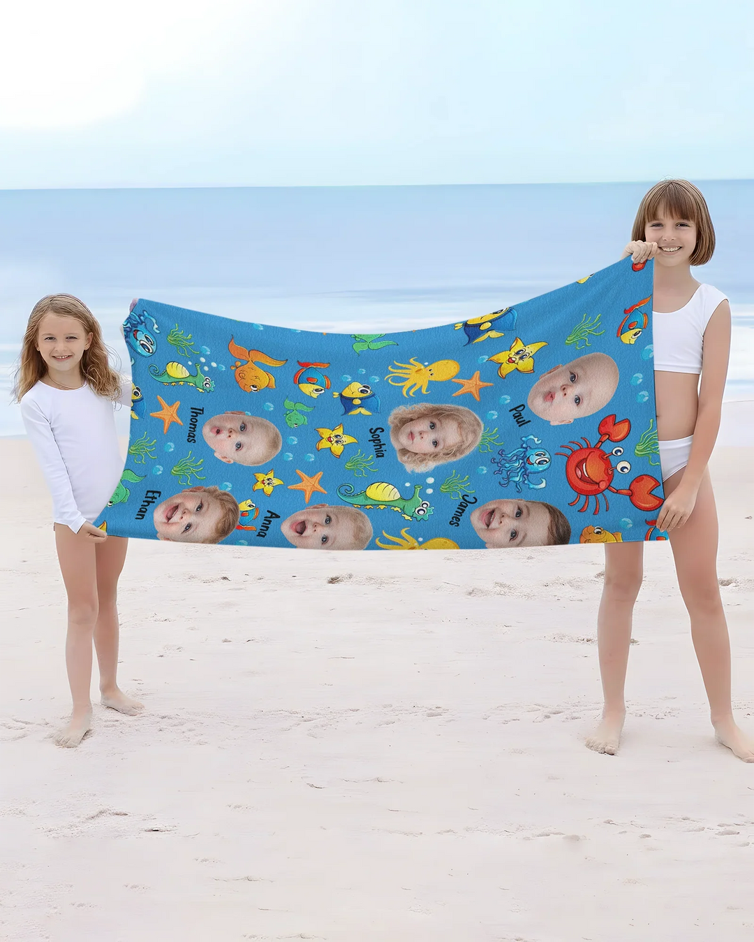 Personalisiertes Foto Niedliches Kindergesicht Aquarell Meerestiere Sommer Bambus Strandtuch
